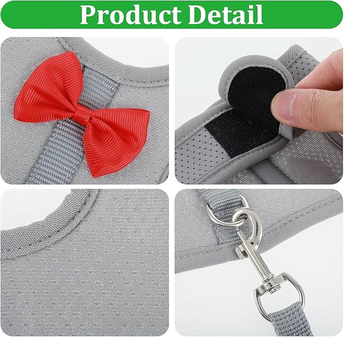 Light Blue Rabbit Harness and Leash Set, with Cute Bow Soft Breathable Mesh Bunny Vest Harness for Rabbits Kitten Ferret Puppy Small Pets Walking, L