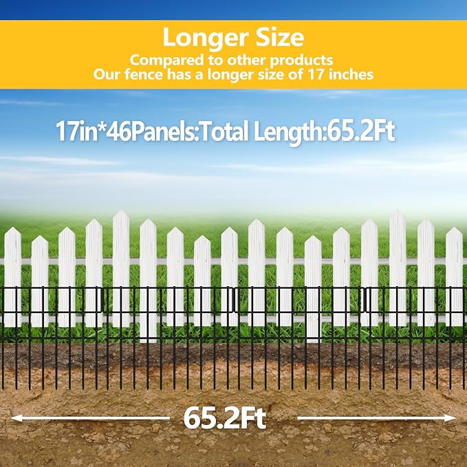 ULIOK 46 Panels Animal Barrier Fence, Garden Fence Animal Barrier, No Dig Fencing, 65.2ft(L) x 13in(H) Dog Fencing Rabbit Fences, 1.5in Spike Spacing Rustproof Metal Fences Border for Outdoor Yard