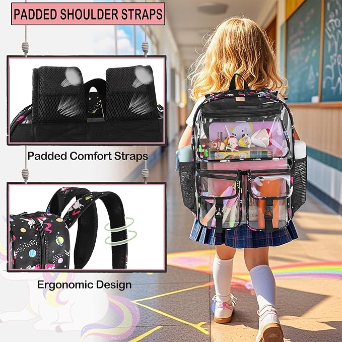 Clear Backpack for Girls, School Kids Heavy Duty See Through Bookbag Unicorn Transparent Backpack with Thicker Strap, Pink