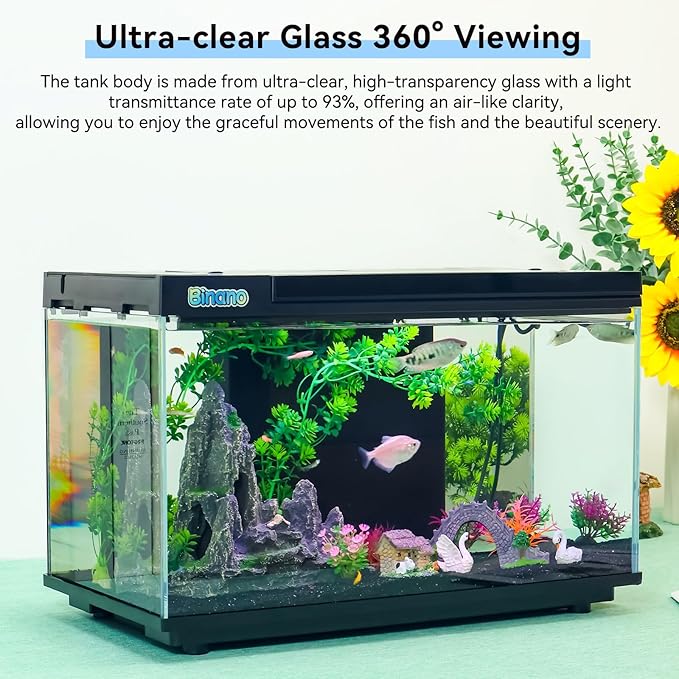 17.6x9.7x11.3 in Fish Tank Kit Complete with Real-Time Temp Display, 3-Speed Water Pump, Smart Storage, Flexible Filter & 6 Color Lights Ideal Aquarium for Betta Fish & Goldfish