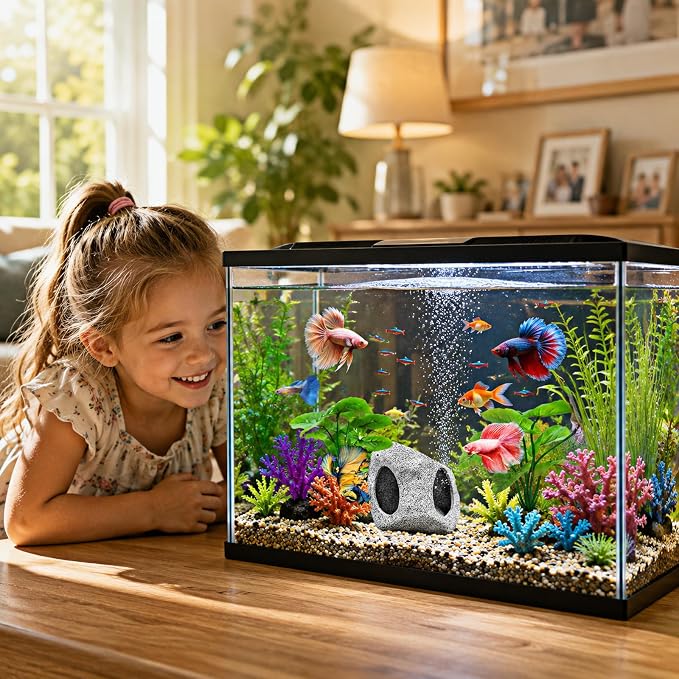 Fish Tank Decor, Aquarium Decor Set Betta Fish Tank Decorations with Artificial Green Plants & Hideaway Rock Cave for Betta Goldfish Turtle Reptile Decoration
