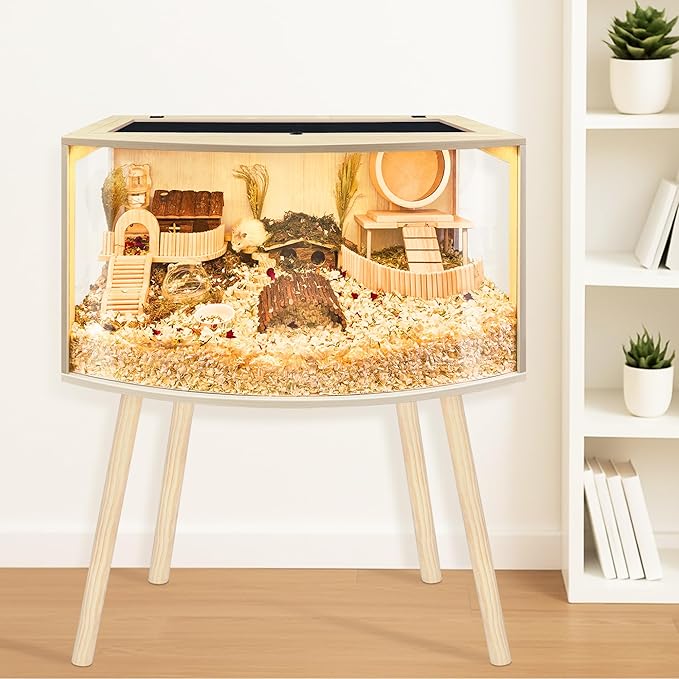 Prolee Hamster Cage with Curved Design,Chew Proof Wooden Hamsters Enclosure with Leg Stand and Openable Top or Gerbils,Hamster Habitat (24"x16"x16")