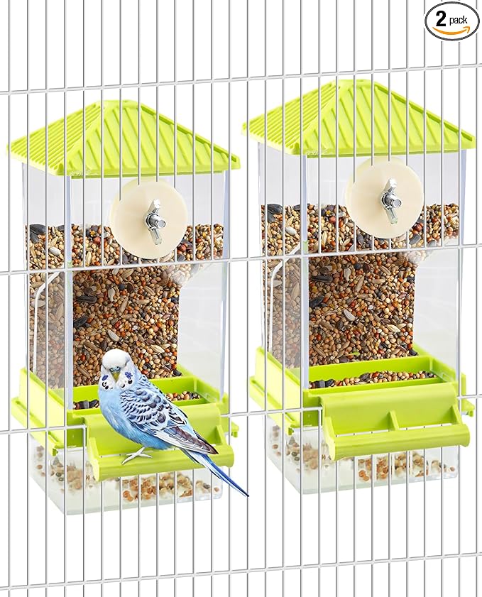 Hamiledyi 2 Pcs Automatic Bird Feeder No Mess Bird Cage Feeder Seed Food Container with Perch Transparent Parrot Cage Accessories for Parakeets, Budgies, Cockatoos, Finches, Lovebirds (Green)