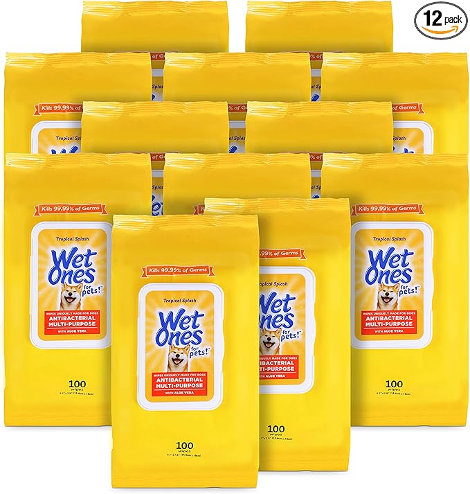 Wet Ones for Pets Multipurpose Dog Wipes with Aloe Vera, Tropical Splash Scent - Pet Bathing Wipes with Wet Lock Seal for Dog Paws and All-Over Use, 100 Count - 12 Pack