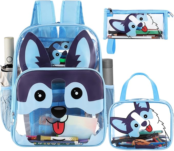 Kacctyen 3 Pcs Clear Backpack Heavy Duty Clear Stadium Bag Transparent Backpack with Lunch Bag(Blue,Dog)