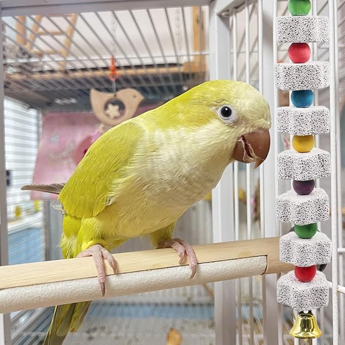 2PCS Bird Beak Grinding Stone, 13.8" Mineral Block for Birds with Bell, Hanging Parrot Chewing Toys for Cage Budgies Cockatiel Hamster Chinchilla