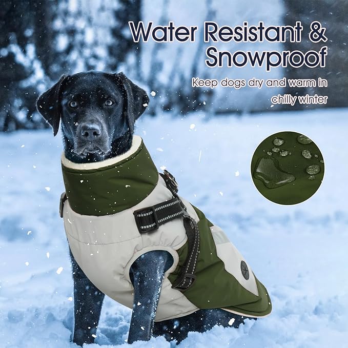 IECOii Zip Up Dog Coat for Large Dogs - Waterproof Winter Fleece Jacket in Green, XLarge - Suitable for Border Collie, Pitbull