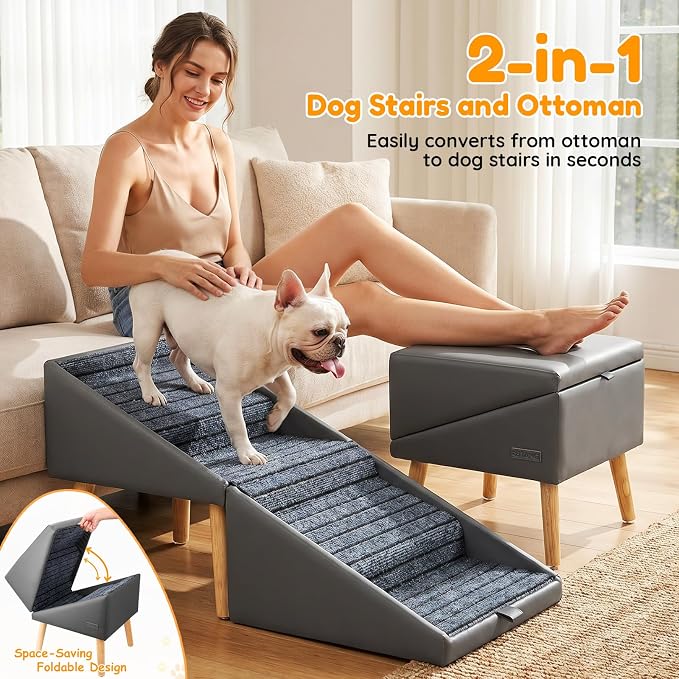 17" H Dog Stairs for Small Dogs – 4-Step Non-Slip Dog Ramp for Couch, Foldable 2-in-1 Pet Stairs & Ottoman, Upgraded Pet Steps for Puppies, Senior Dogs & Injured Pets, Solid Wood Frame (Grey)