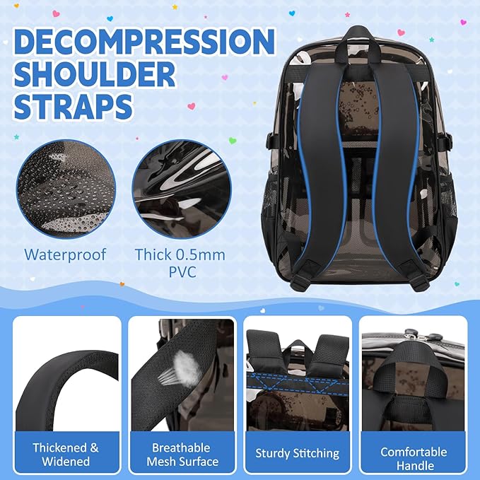 Clear Backpacks for Stadium Events Heavy Duty Clear Bookbag for School Girls Transparent Back Pack, Black Semitransparent