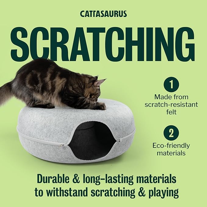 Cattasaurus Peekaboo Cat Cave Donut for Multiple & Large Cats up to 30-45 lbs, 3-in-1 Self Warming Cat Bed, Tunnel & Scratcher for Indoor Cats, Washable & Detachable Small Dog Bed (Light Gray, Jumbo)