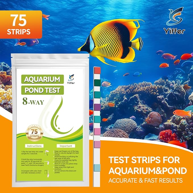 8-Way Aquarium Test Strips with Ammonia 75 Strips | Test Ammonia,pH, Total Alkalinity, Carbonate, Hardness, Free Chlorine, Nitrate and Nitrite for Fish Tanks & Ponds