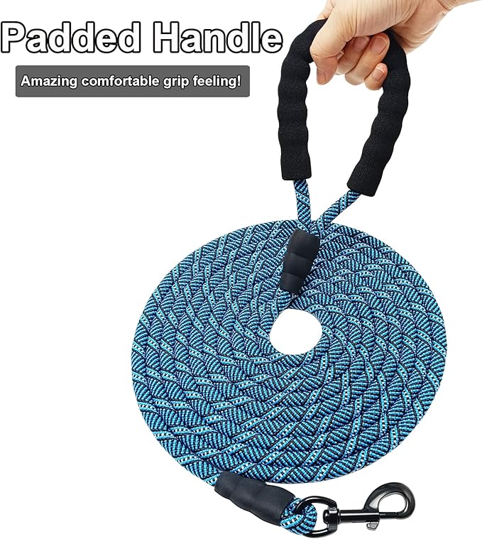 MayPaw Heavy Duty Rope Dog Leash, 3/6/8/10/12/15/20/30 FT Long Dog Lead Nylon Pet Leash, Soft Padded Handle Thick Lead Training Leashes for Large Medium Dogs (20ft * 1/2", Blue Black)