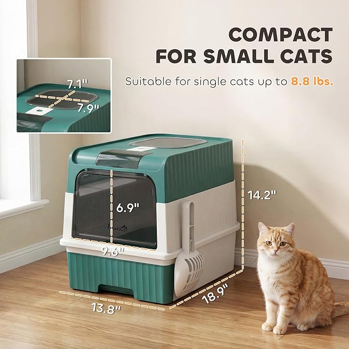 PawHut Cat Litter Box with Lid, Hooded Cat Litter Box with Pull-Out Drawer Tray, Scoop, Front Entry & Top Exit, 4 Deodorization Bags, Easy to Clean, Teal