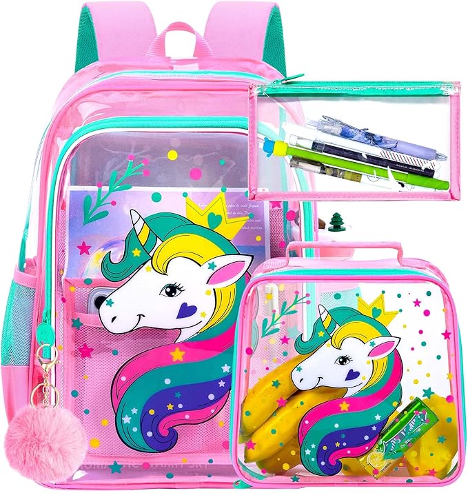 Clear Backpack for Girls and Boys, Kids Transparent Bookbag, 3PCS Cute See Through School Bag for Elementary Prechool