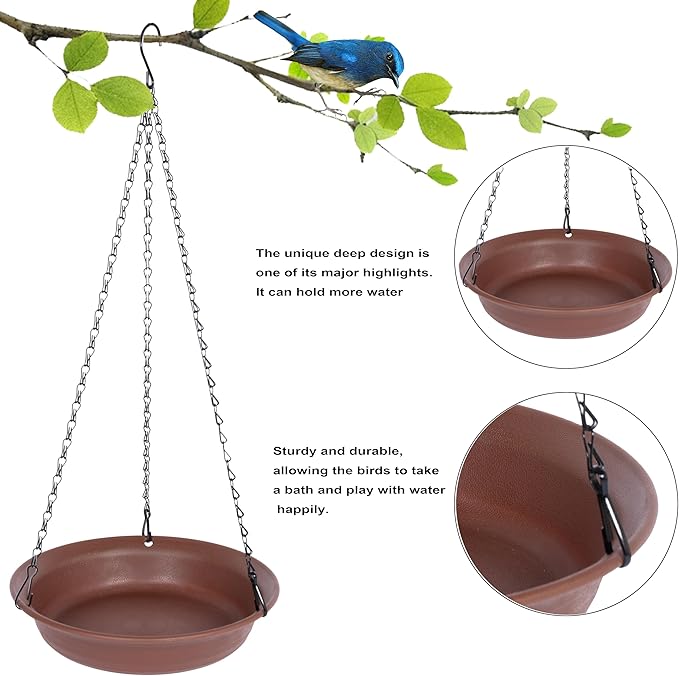 VUWEZ Hanging Bird Bath, Hanging Bird Water Feeder for Outdoors, Feeder Bowl, 2 Pack Birdbath Tray Accessories for Outside, Plastic Birdbaths Tray for Garden Patio Decoration (10", Chocolate)