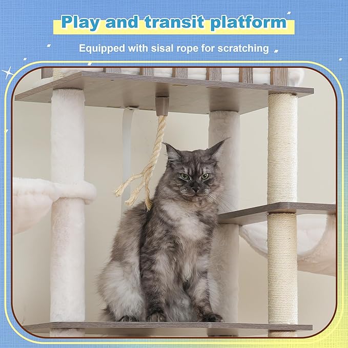 Hey-brother Wooden Cat Tree, 69.7 inch Cats Furniture Tower with Large Platforms, Hammocks, Spacious Condo, Full Sisal Scratching Posts, Ladder, Brush, Water Proof Surface, Rustic Gray MPJ121SG