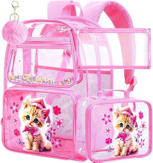 AGSDON 3PCS Clear Backpack for Girls, See Through Backpacks for Kids with Lunch Box, Heavy Duty Transparent Bookbag - Cat
