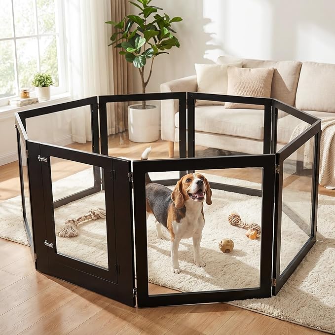 Heavy Duty Clear Acrylic Dog Playpen for Small/Medium Pets – 32" High Clear Pet Pen with Sturdy Metal Frame, Walk-in Kennel, Expandable Indoor & Outdoor Pet Play Yard (Black, 8 Panels Including Door)