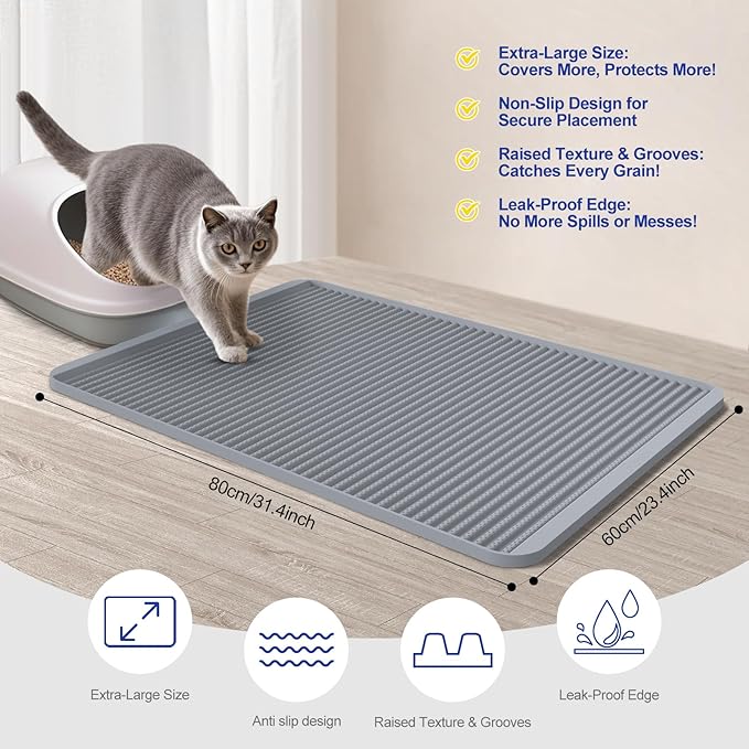 Filmicy Silicone Cat Litter Mat - 31' x 23' Waterproof Large Kitty Mat, Non-Slip, Durable, Easy Clean & Washable Cat Litter Tray Mat for Scatter Control