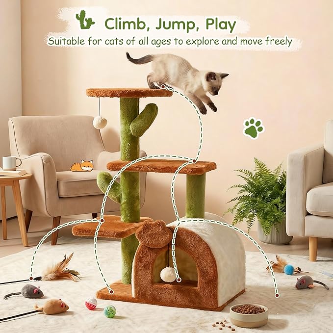 Cactus Cat Tree for Indoor Cats with Cozy Condo Wide Top Perch 27.5", Multi-Level Cat Tower with Climbing and Lounging Space Plush, Toy Ball, Brown