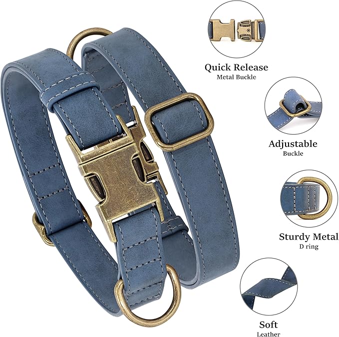 Didog Soft PU Leather Dog Collar, Stylish Quick Released Dog Collars for Medium Dogs, Easy Clean Adjustable Pet Collar for Daily Walking, Blue, M Fit 14-18" Neck