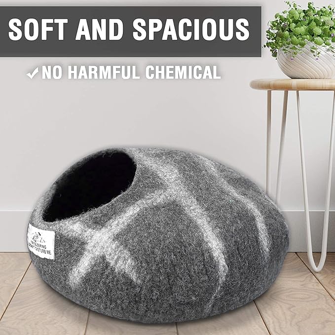 Woolygon Premium Felt Cat Cave Bed – Wool Kitty Beds Handcrafted Kitten Caves Bed for Indoor Cats - Made from Merino Wool, Foldable Cat Hideaway Covered Cat House Pod (Hide & Seek)