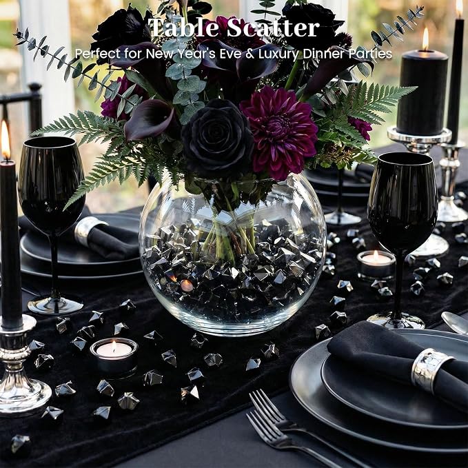 DOMESTAR Black Fake Ice Rocks, 150 PCS Acrylic Crystal for Vase Fillers | Fake Diamonds for Table Centerpieces Party Decor, Fish Tanks Decor Table Scatter DIY Craft Supplies