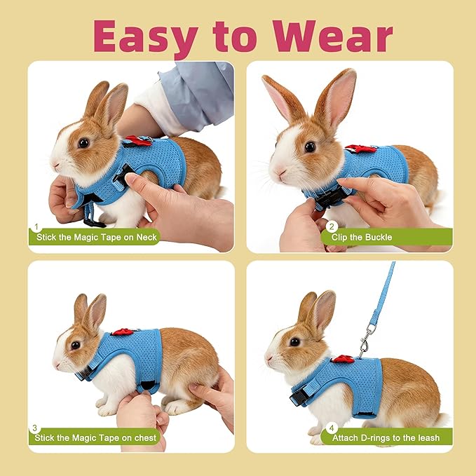 AIITLE Rabbit Harness and Leash Set with Cute Bow, Soft Breathable Mesh Vest Harness for Rabbits Kitten Ferret Puppy Small Pets Walking Supplies Blue S