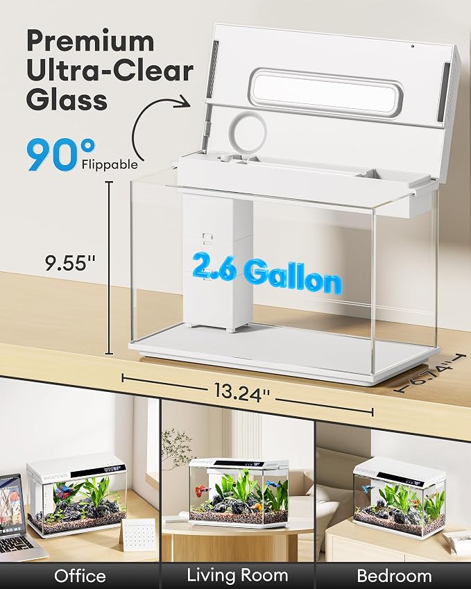 BUCATSTATE 2.6 Gallon Small Fish Tank, 3 Stage Filtration Aquarium (White) | Independent Waste Compartment Aquarium, Quiet 3 in 1 Pump, Real-Time Temp Display, 8-Mode LED Light, Multi Safety Protection