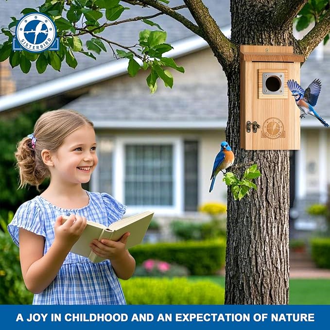 SISTERBIRD Bird Houses for Outside 1-1/2” Entrance Hole Cedar Birdhouses with Metal Guard Outdoor Bluebird Wren Swallow Finch Asssembly Required