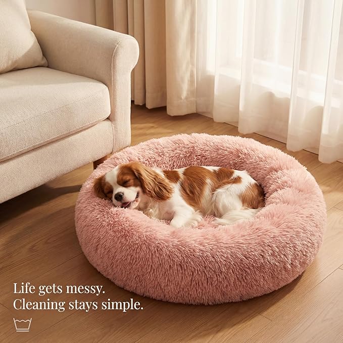 Calming Dog Bed for Medium Dogs Washable Donut 30 inches Anti-Slip Pet Bed,Round Fluffy Plush Faux Fur Cat Bed,Fits up to 45 lbs Pets,Pink