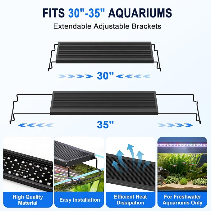 AQQA 24/7 Aquarium Light with Timer, Full Spectrum LED Fish Tank Light | for Freshwater & Plants, 9 Dimmable Light Modes, 10 Adjustable Brightness, Extendable Brackets for 30-35 inch Tank,56W Black