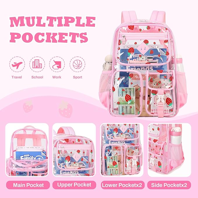 PIG PIG GIRL Clear Backpack for School,Heavy Duty PVC Transparent Bookbag for Girls Stadium Approved See Through Backpack