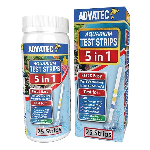 5 in 1 Aquarium Test Strips Kit for Freshwater & Saltwater - Water Fish Tank Tester for pH, Carbonate, General Hardness, Nitrite & Nitrate - 25 Count