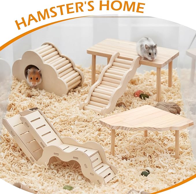 5-in-1 Wooden Hamster Toys Set Hamster House Hideout with Ladder Bridge Platform Table Climbing Ramp, Chew Toy for Syrian Dwarf Hamsters Gerbils Small Pets Cage Accessories Natural Wood Habitat Decor