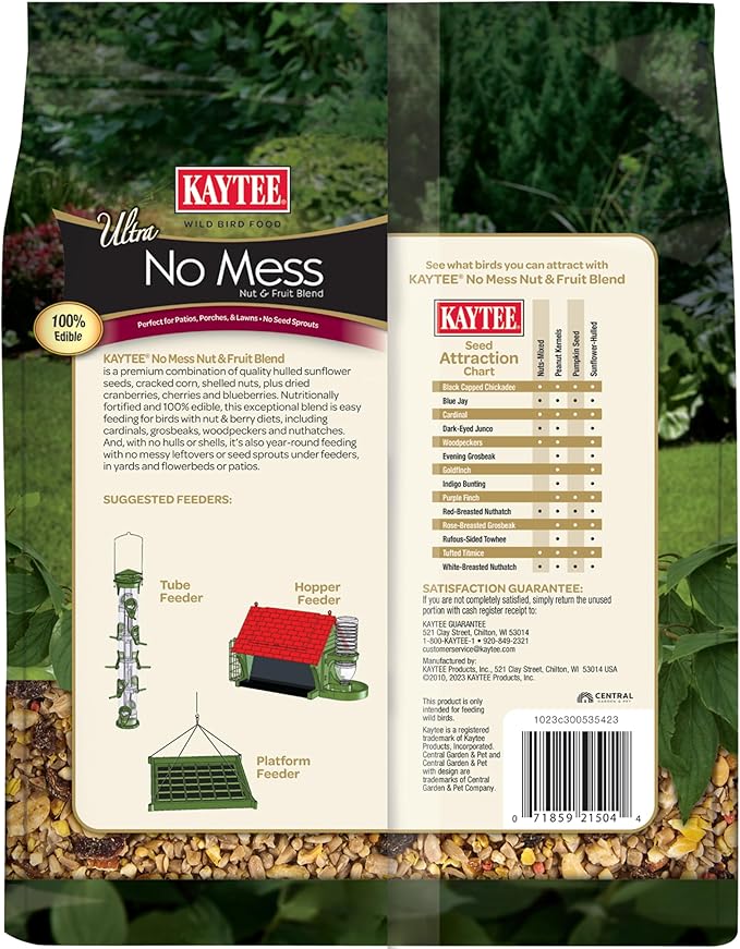 Kaytee Wild Bird Ultra No Mess Nut & Fruit Food Seed Blend For Blue Jays, Woodpeckers, Juncos, Cardinals, Grosbeaks, Sparrows, and Finches, 5.5 Pound