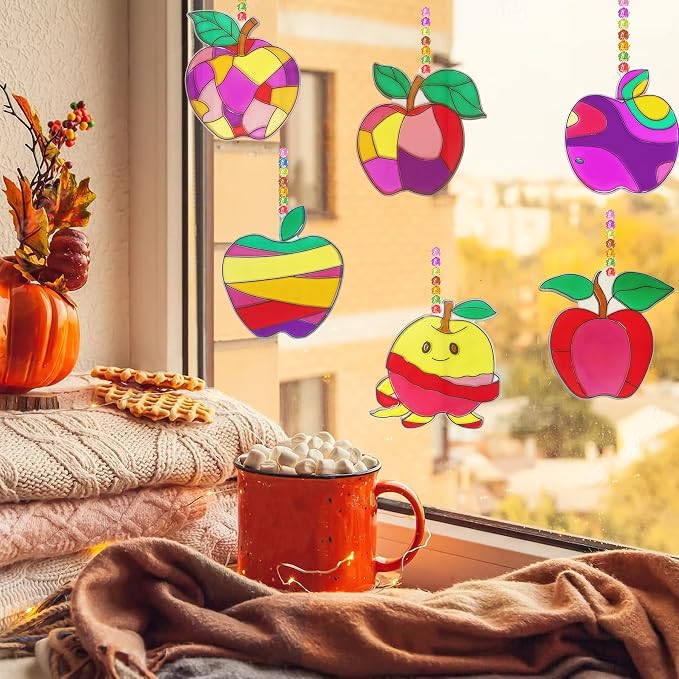 30 Set Apple Suncatcher Craft Kits, Blank Back to School Sun Catcher Art | DIY Window Paint Art Sets for First Day of School Supplies Home Party Activities Art Project