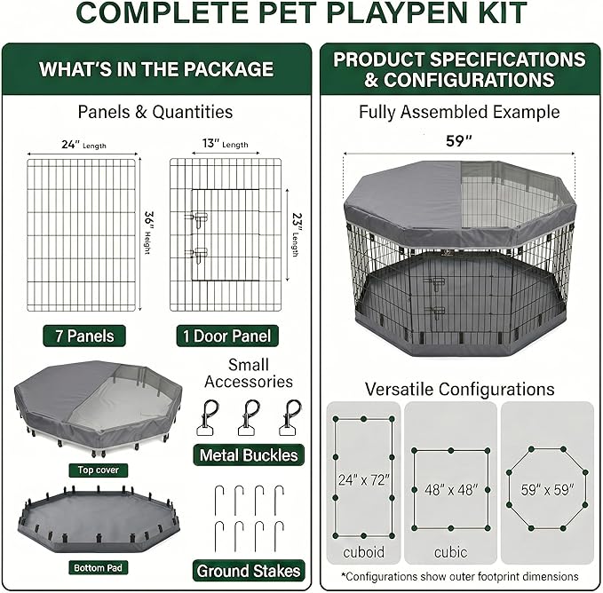 PJYuCien Dog Playpen with Top Cover and Bottom Pad - Metal Foldable Exercise Pen, 8 Panels 36" H x 24" W Indoor Outdoor Pet Fence Puppy Crate Kennel, Gray