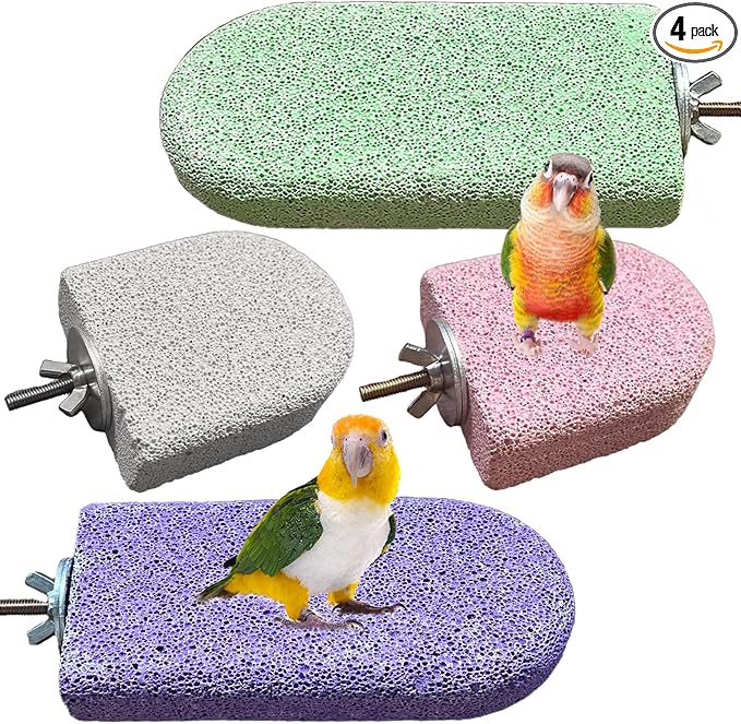 4 PCS Bird Beak Grinding Stone,Bird Perch Stands,Parrot Calcium Perch Platform,Parakeet Pumice Lava Beak Grinding Block Claws Trimmer Climbing Chewing Toys for Budgie Cockatiel Conure Lovebird