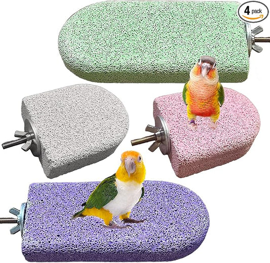 4 PCS Bird Beak Grinding Stone,Bird Perch Stands,Parrot Calcium Perch Platform,Parakeet Pumice Lava Beak Grinding Block Claws Trimmer Climbing Chewing Toys for Budgie Cockatiel Conure Lovebird