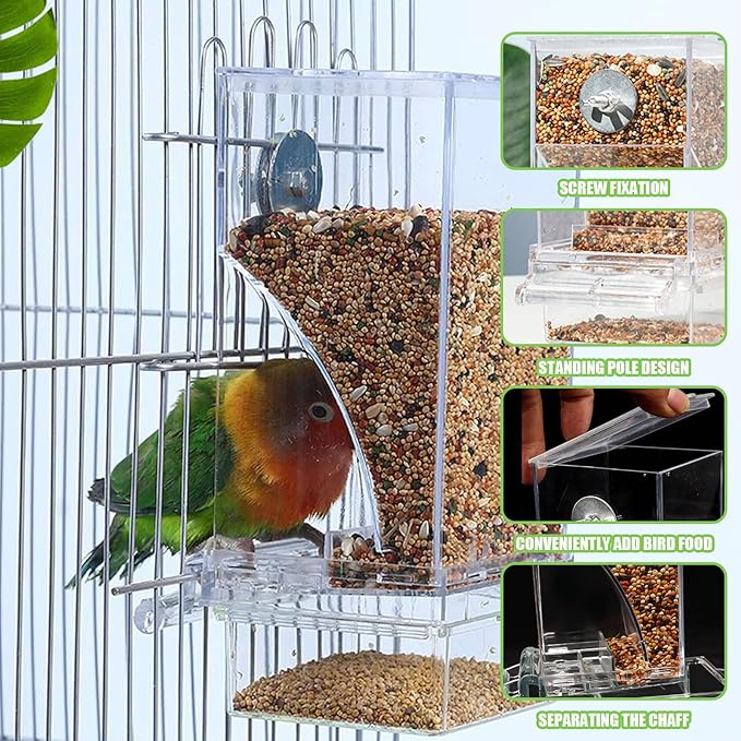 No Mess Automatic Bird Feeder, Acrylic Transparent Parrot Feeder Cage Accessories, Parrot Seed Food Feeder Container Cage Accessories for Small Medium Birds Parakeets Lovebirds (Transparent)