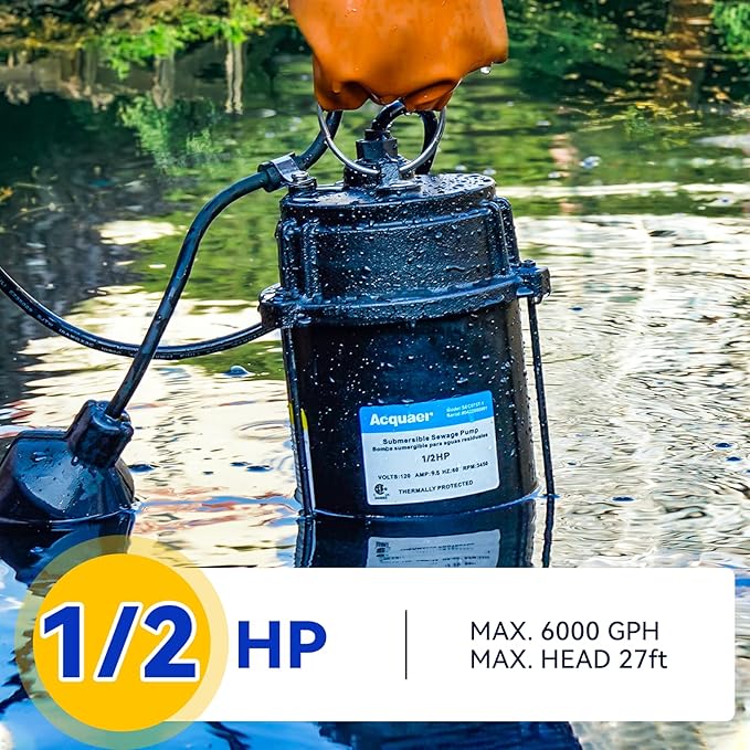 Acquaer Sewage Pump, Cast Iron, Automatic Tethered Float Switch, Sewage Effluent Pump for Sump Basin, Basement, Residential Sewage, 2'' NPT Discharge, Black