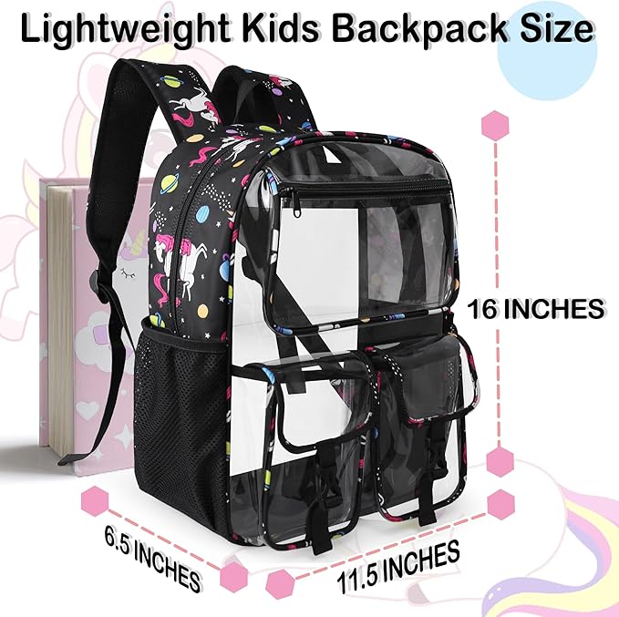 Clear Backpack for Girls, School Kids Heavy Duty See Through Bookbag Unicorn Transparent Backpack with Thicker Strap, Pink