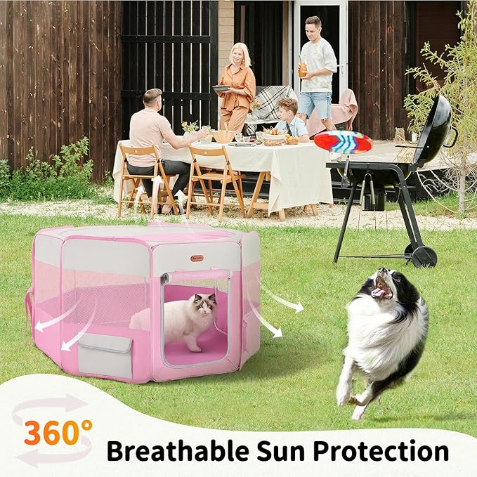Seiyierr Dog Playpen, Portable Pet Playpen, Puppy Playpen, Cat Playpen with Carrying Case, Dog Playpen for Small Dogs Indoor/Outdoor, Removable Mesh Shade Cover, Pink XL