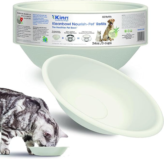 Kinn Whisker Fatigue Cat Bowl Compostable & Disposable for Food or Water, 24oz (50 Refills), Whisker Friendly Cat Dish for Owners Needing Convenience and Cleanliness in a Pet Saucer