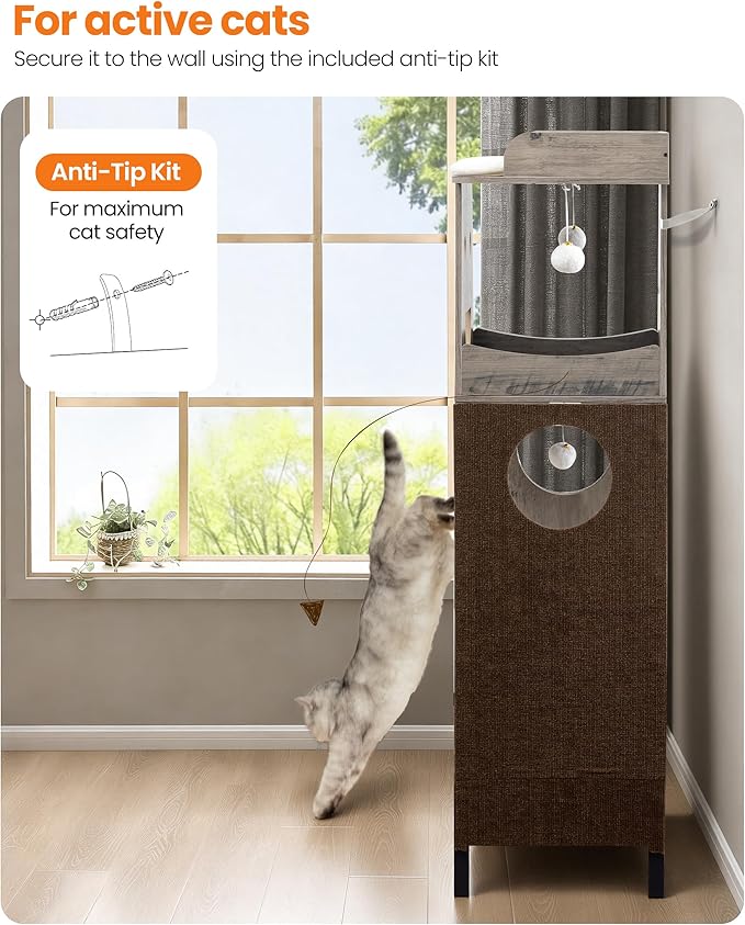 Modern Wood Cat Tree for Indoor Cats, 56 Inch Tall Cat Tower with Hammock, Multi-Level Trees with Perch Bed, 2 Hammock, Cat Condo, Scratching Board, Removable Pads, Cat Furniture, Greige