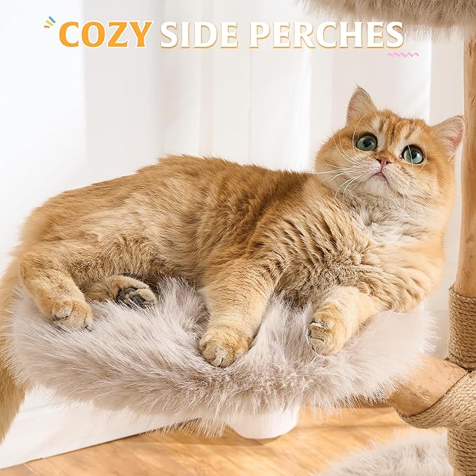 HITTITE Natural Wood Cat Tree Tower with Scratching Post, 40 Inches Tall Modern Cat Tower with Cozy Bed and Condo, Luxury Real Branch Cat Tree for Indoor Cats Large Adult, Khaki.