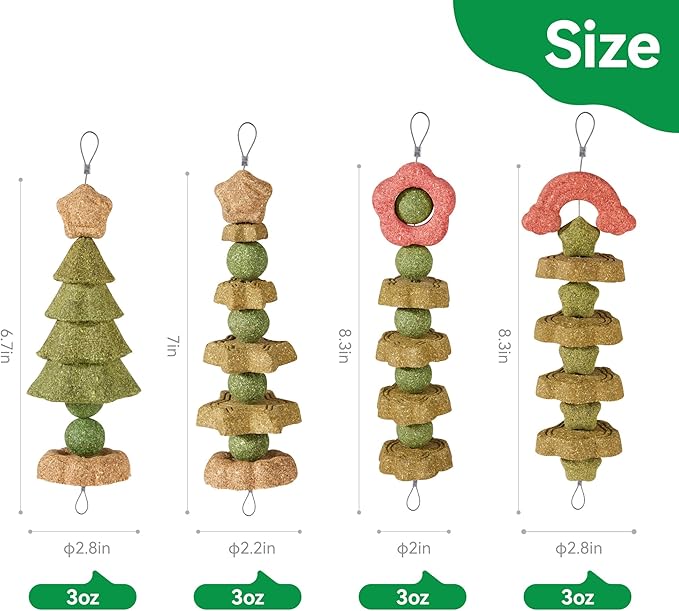 4 Pack Rabbit Chew Toys Bunny Treats, Prevent Teeth Overgrowth, Chew Toys for Guinea Pig/Hamster, Made with Timothy Hay & Vegetables for Rodent Pets, Small Animal Toys