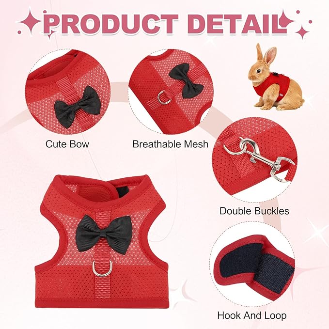 Rabbit Harness and Leash, Small Pet Cute Vest Harness Leash Soft Adjustable Buckle Breathable Mesh (M, Red) for Bunny Kitten Small Pig Puppies Camping Hiking Training