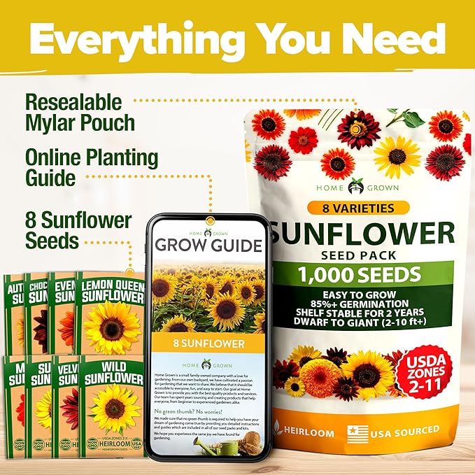 HOME GROWN Sunflower Seeds for Planting | 8 Varieties |1000+ Non-GMO Sun Flower Seeds Packets to Plant: Grow Dwarf Sunflowers, Mexican Sunflowers, Wild, Lemon Queen,Autumn Beauty,Sunspot, Velvet Queen